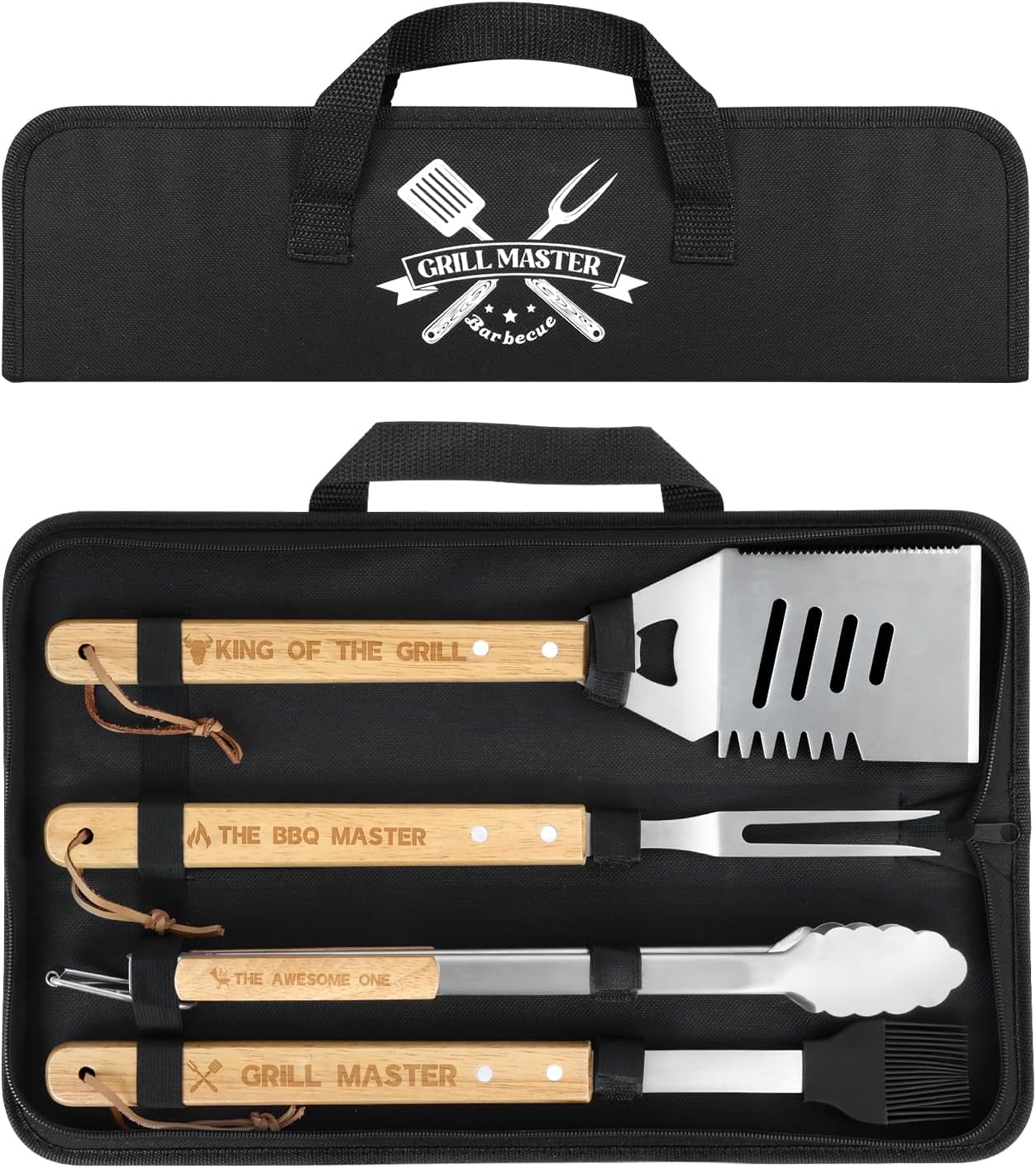 Coralogo 4PCS Grilling Accessories BBQ Tools - Stainless Steel Grill Set with Tongs, Fork, Spatula, Brush, Carrying Bag,