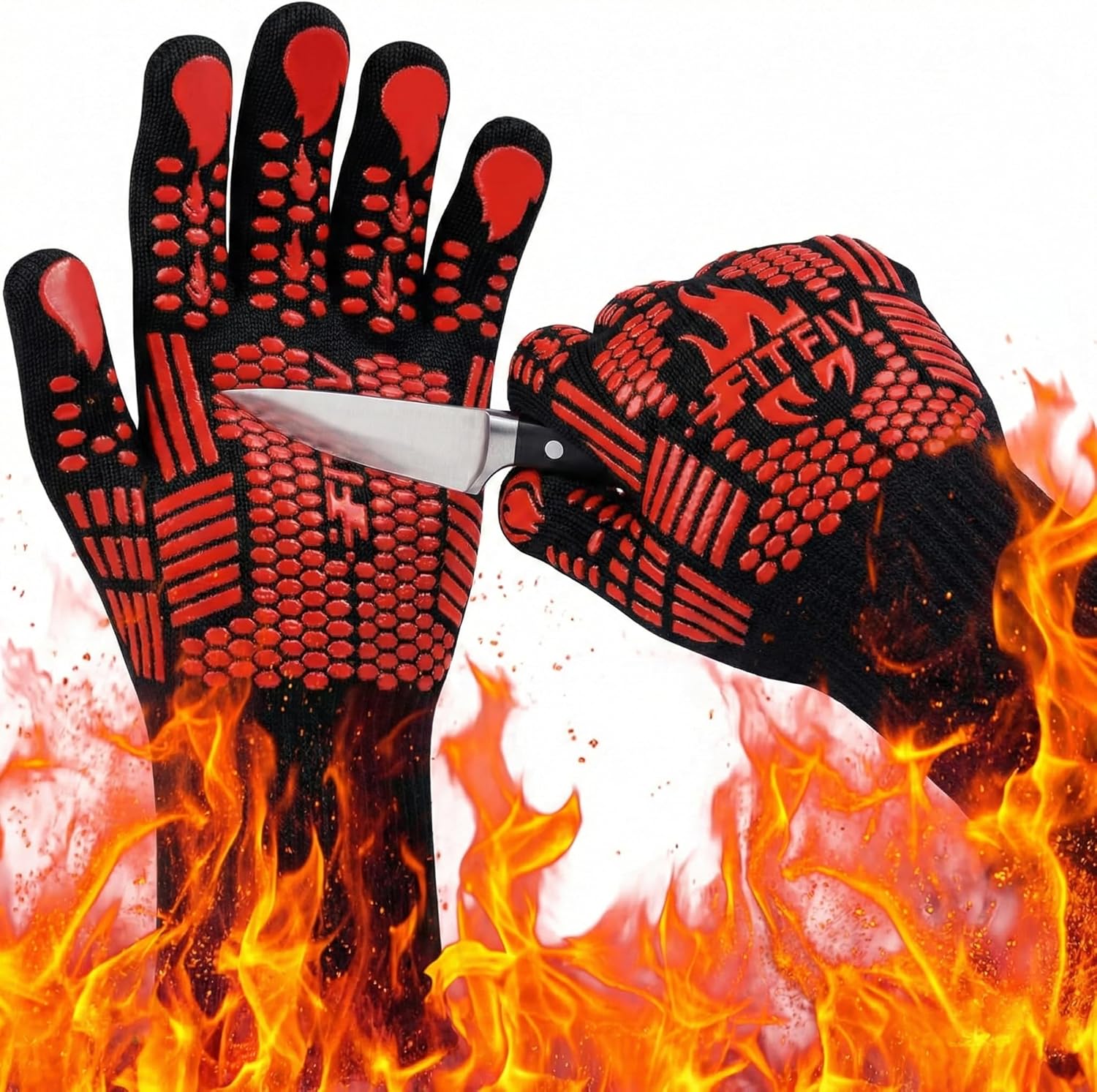 FITFIV BBQ Gloves, 1472°F Heat Resistant with Silicone Grip Oven Mitts