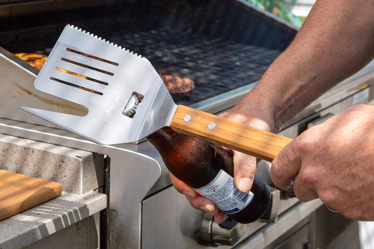 FlipFork Boss - 5 in 1 Grill Spatula with Knife, Fork, Bottle Opener and Turner BBQ Tools. All in One Grill Accessories