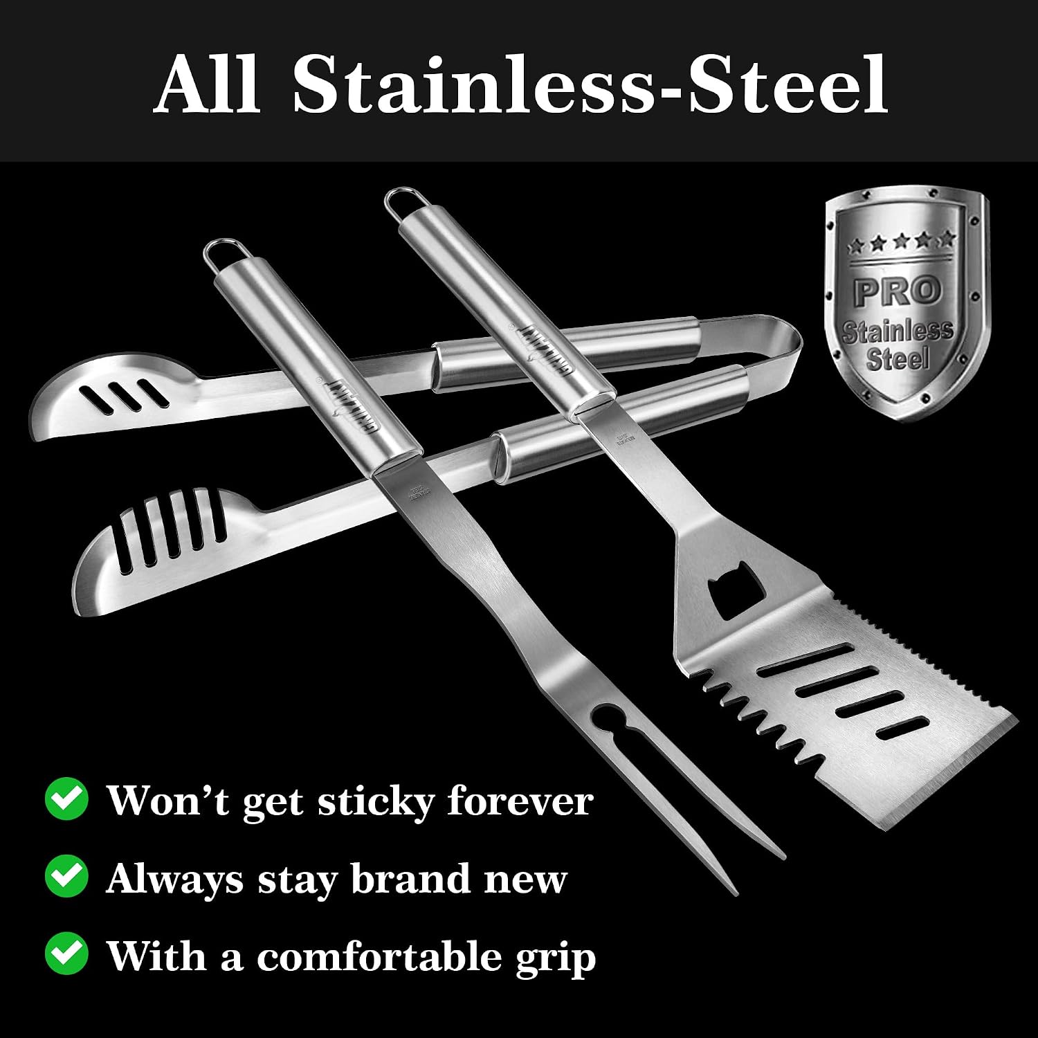 GRILLART Grill Tools Grill Utensils Set - 3PCS BBQ Tools, Stainless Barbeque Grill Accessories -Spatula/Tongs/Fork w/