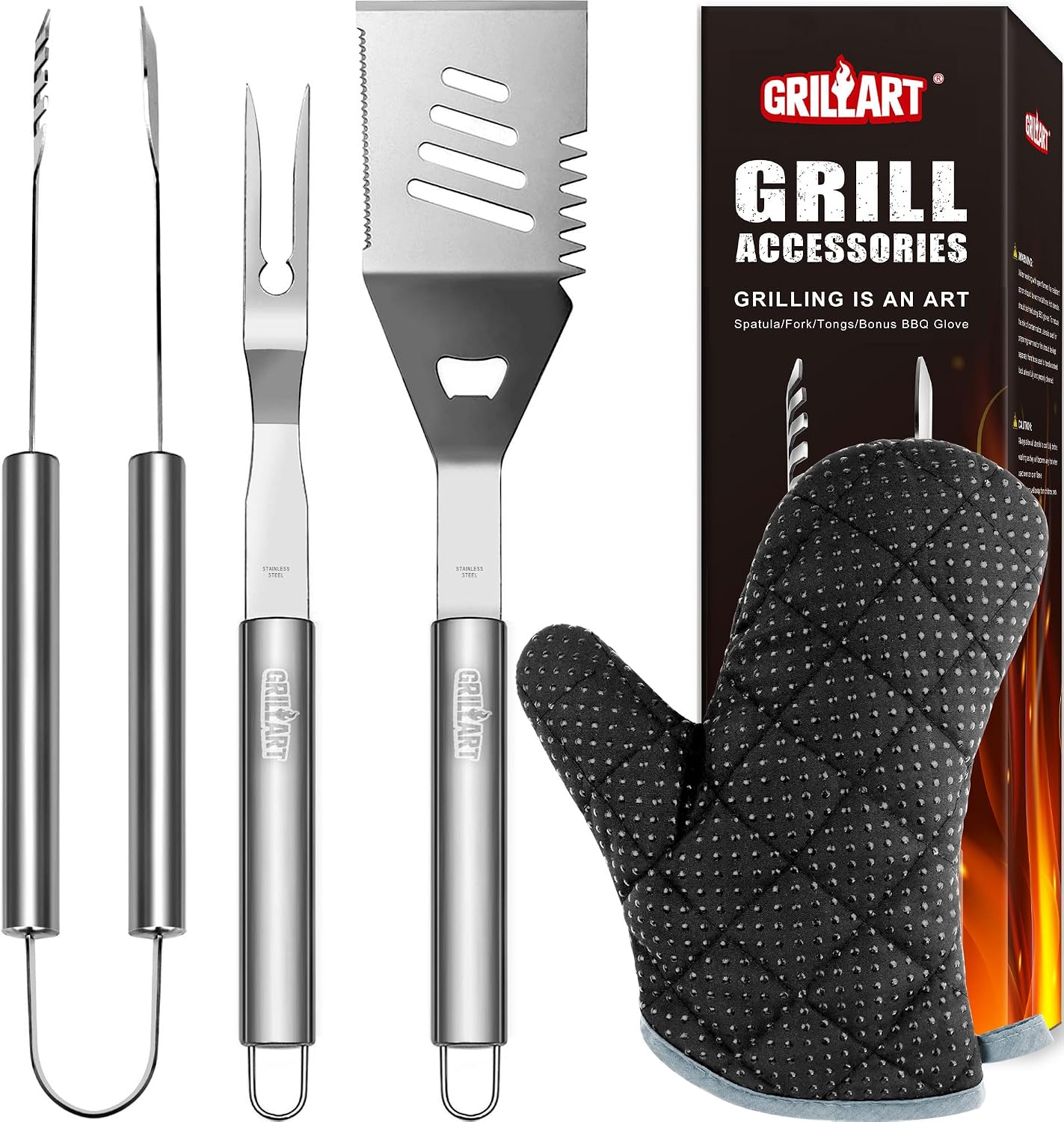 GRILLART Grill Tools Grill Utensils Set - 3PCS BBQ Tools, Stainless Barbeque Grill Accessories -Spatula/Tongs/Fork w/