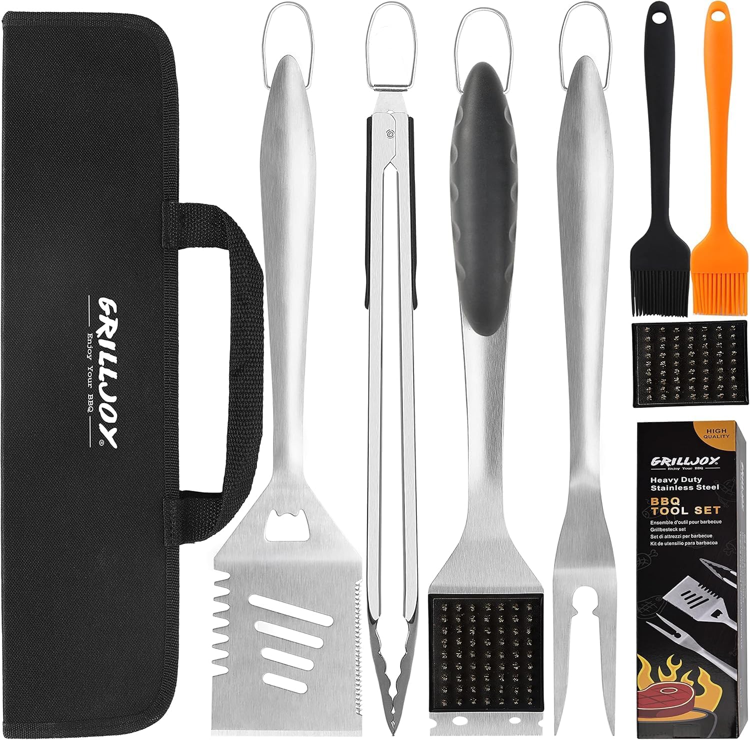 Grilljoy 8-Piece BBQ Grill Tools Set with Stainless Steel Utensils and Brush