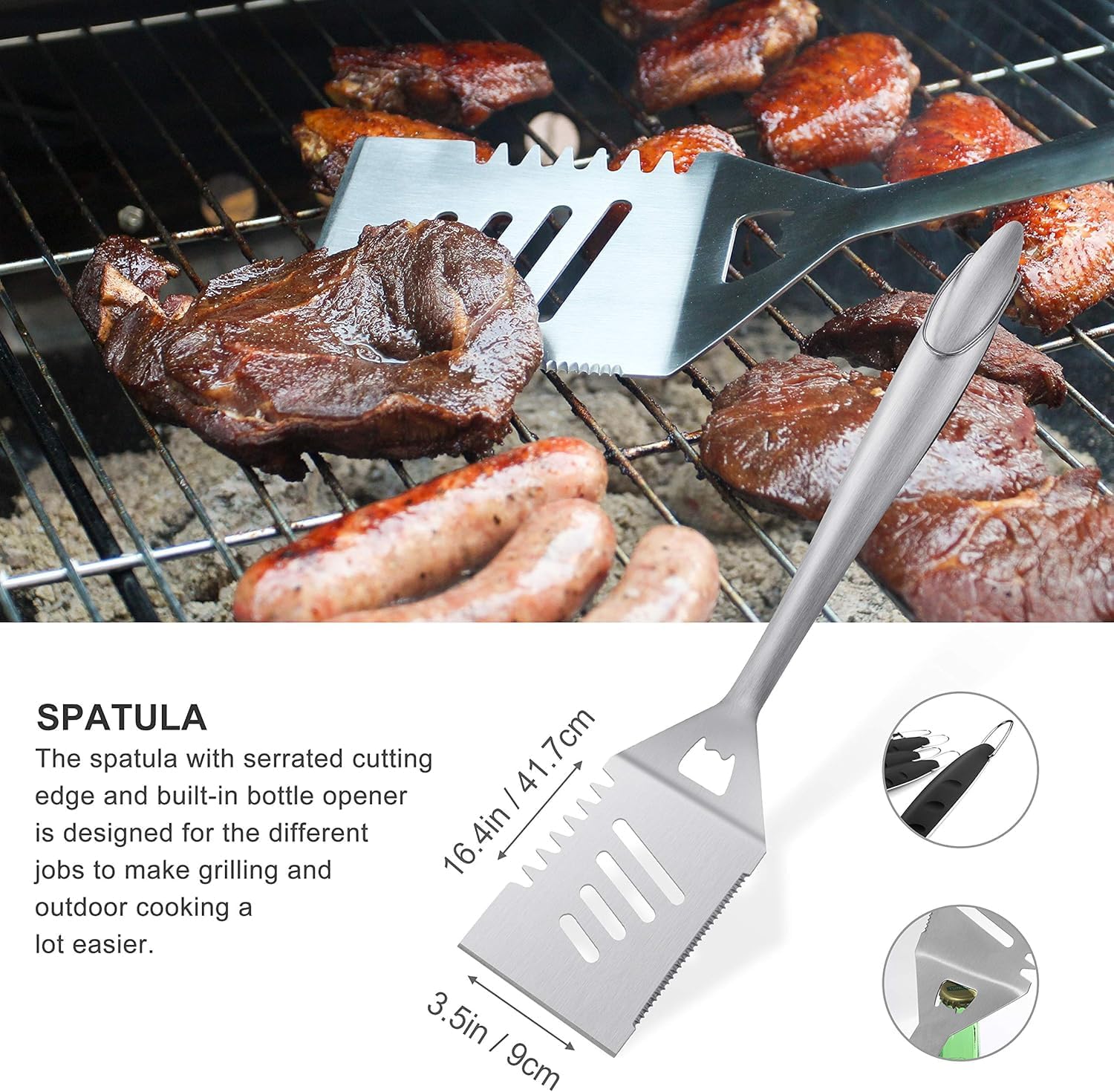 grilljoy 8PCS BBQ Grill Tools Set with Extra Thick Stainless Steel Spatula, Fork, Tongs & Cleaning Brush - Complete Barb