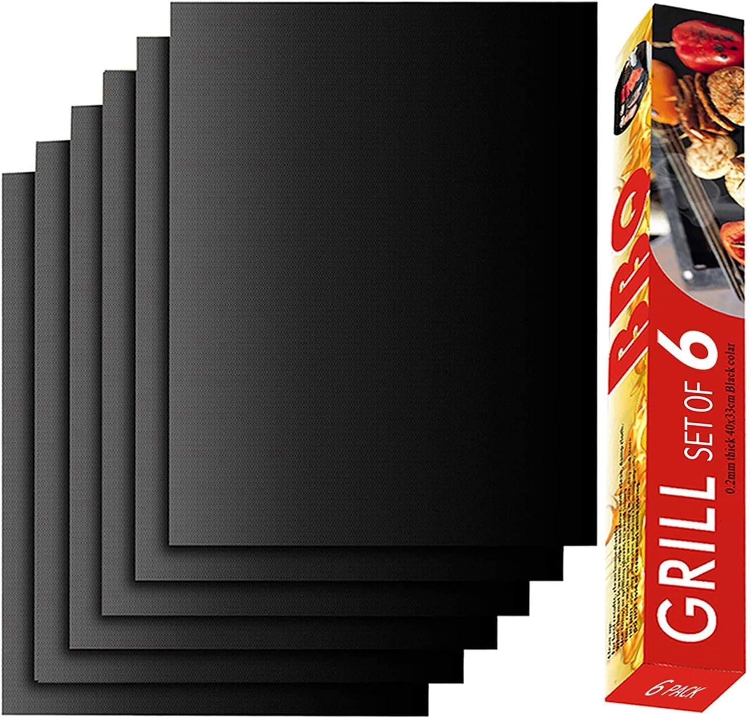 RENOOK Grill Mat Set of 6, Non-Stick, 15.75 x 13 Inch, Black